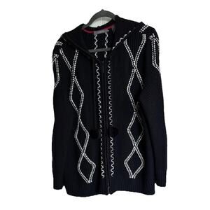 Liz Claiborne 1X Sweater/Jacket Black Chunky Knit Hooded Black